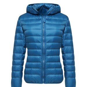 Cherfly Down Puffer Jacket with Attached Hood Large Turquoise NWT